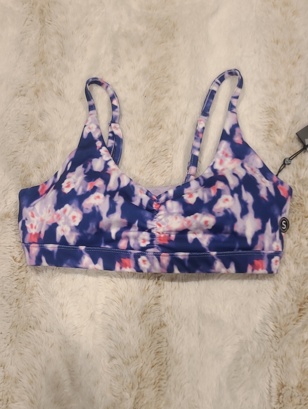 Floral-Print Stretch Sports Bra in Purple and Pink